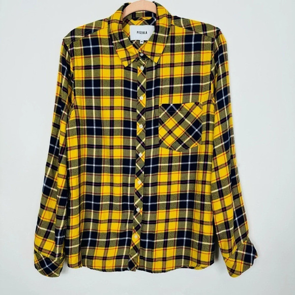 Pistola Revolve Yellow Plaid Button Down Flannel Long Sleeve Top Medium - Picture 3 of 9